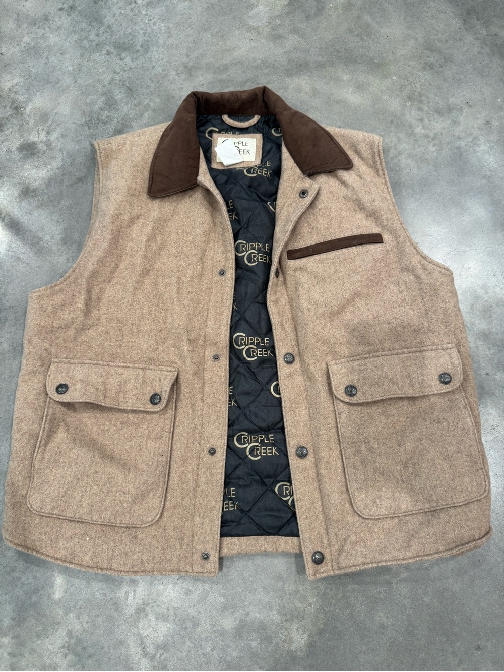 CRipple Creek Men's Tan Wool-Blend Vest with Contrast Collar